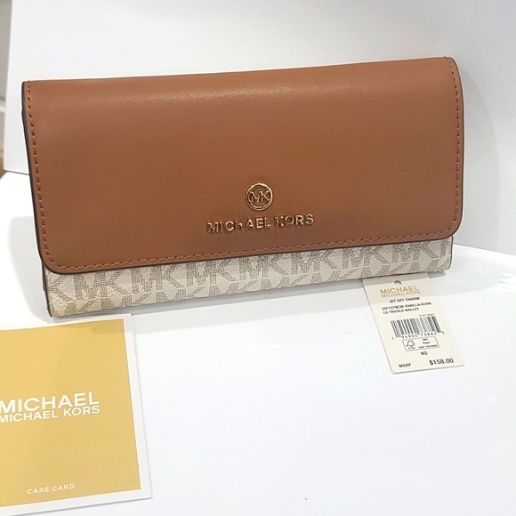 ✅ Michael Kors Jet Set Tri-Fold Large Logo Leather Wallet Acorn / Vanilla ✨ NWT - Picture 7 of 16
